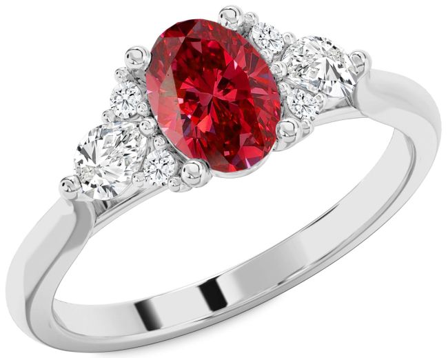 Diamond Ruby Silver Oval Three Stone Engagement Ring