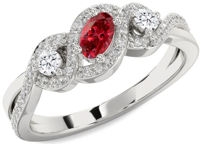 Diamond Ruby Platinum Infinity Oval Three Stone Pave Engagement Ring