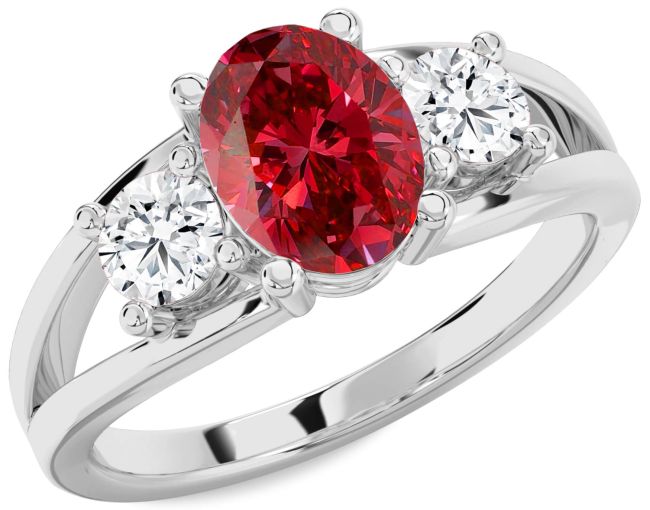 Diamond Ruby Silver Oval Three Stone Engagement Ring