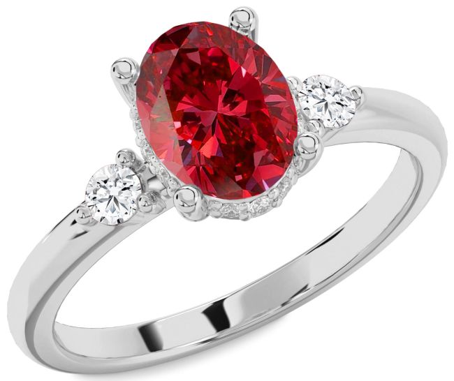 Diamond Ruby Silver Oval Three Stone Engagement Ring
