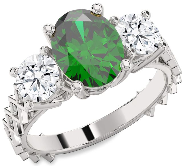 Diamond Emerald Silver Oval Three Stone Engagement Ring