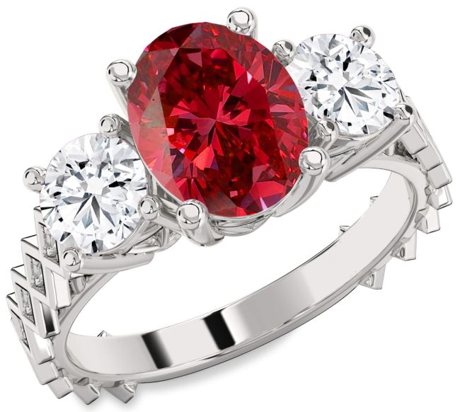 Diamond Ruby Platinum Oval Three Stone Engagement Ring