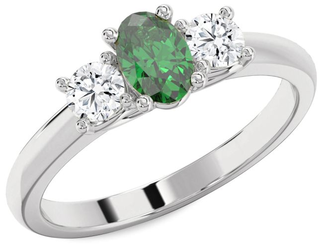Diamond Emerald Silver Oval Three Stone Engagement Ring