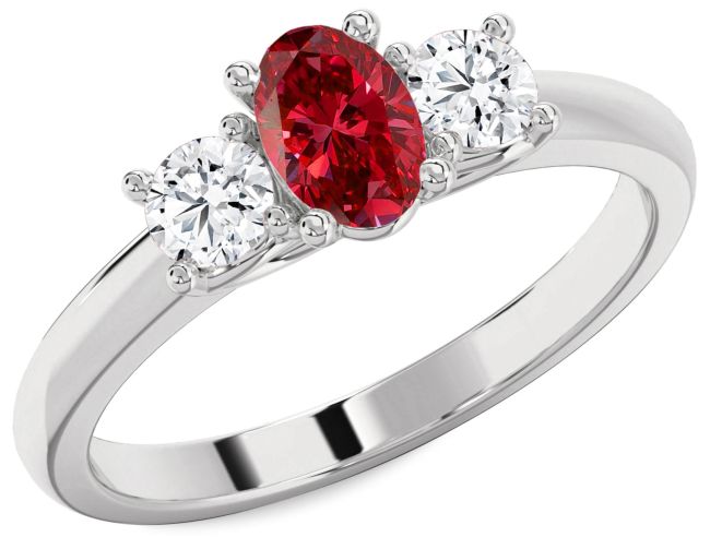 Diamond Ruby Silver Oval Three Stone Engagement Ring