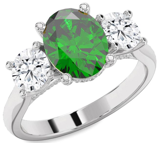 Diamond Emerald Silver Oval Three Stone Engagement Ring