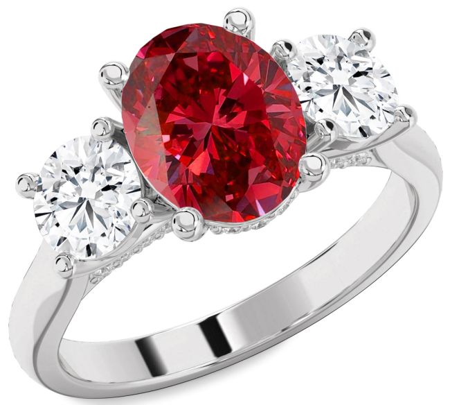 Diamond Ruby Silver Oval Three Stone Engagement Ring