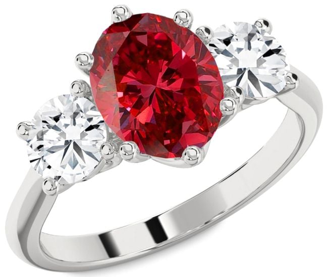 Diamond Ruby Silver Oval Three Stone Engagement Ring