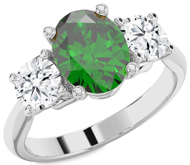Diamond Emerald Silver Oval Three Stone Engagement Ring