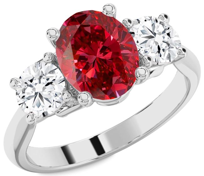 Diamond Ruby Silver Oval Three Stone Engagement Ring