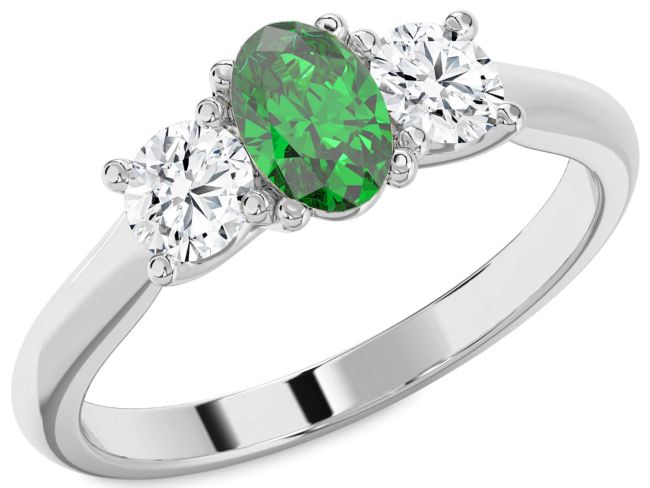 Diamond Emerald Silver Oval Three Stone Engagement Ring