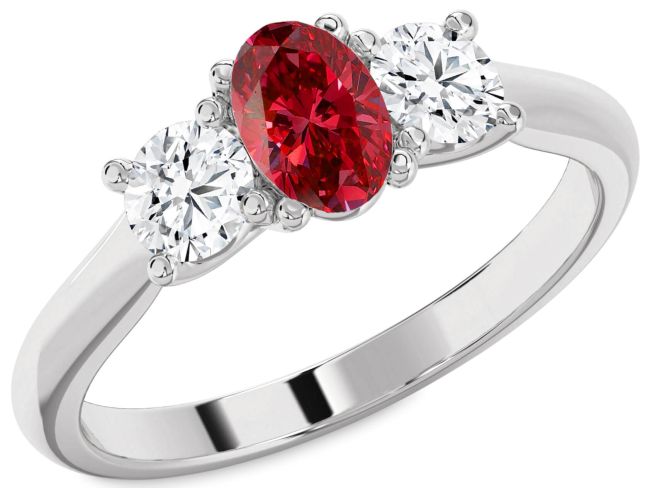 Diamond Ruby Silver Oval Three Stone Engagement Ring