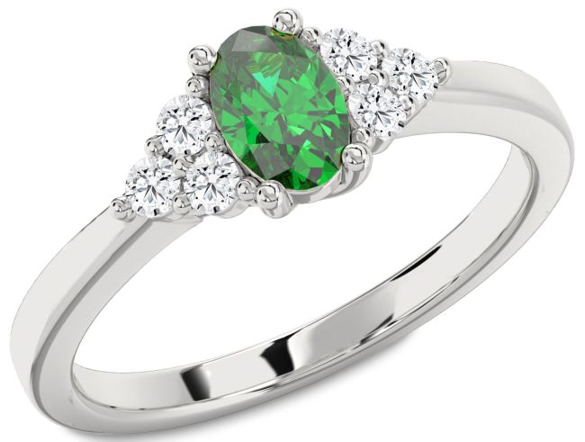 Diamond Emerald Silver Oval Engagement Ring