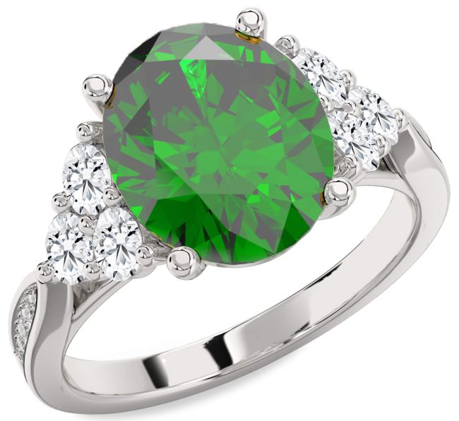 Diamond Emerald Silver Oval Engagement Ring