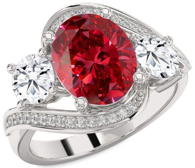 Diamond Ruby Silver Oval Three Stone Pave Engagement Ring