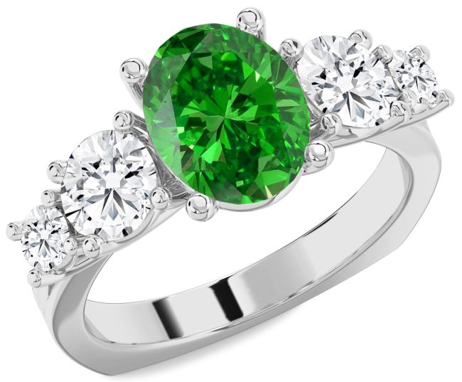 Diamond Emerald Silver Oval Engagement Ring