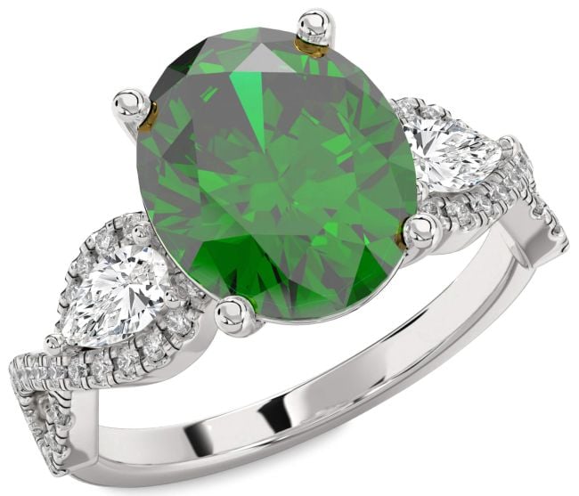 Diamond Emerald Platinum Infinity Oval Three Stone Pave Engagement Ring