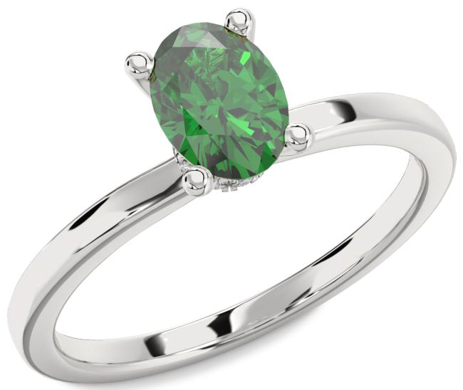 Diamond Emerald Silver Oval Solitaire Engagement Ring