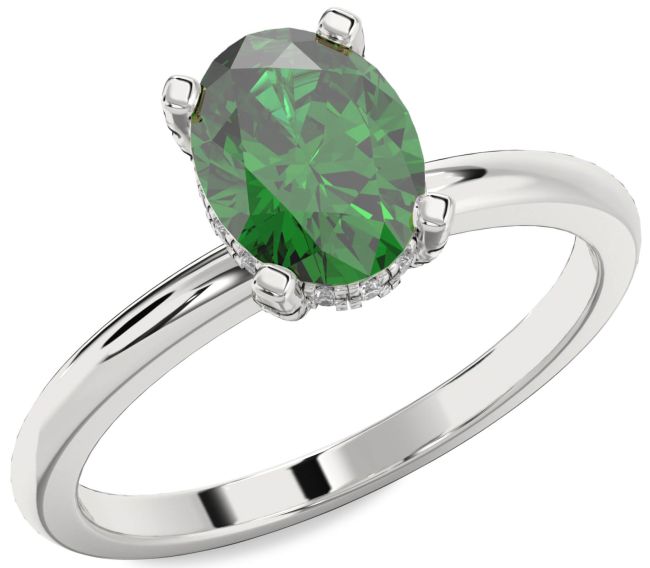 Diamond Emerald Silver Oval Solitaire Engagement Ring