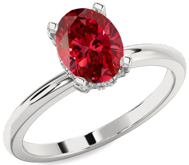 Diamond Ruby Silver Oval Solitaire Engagement Ring