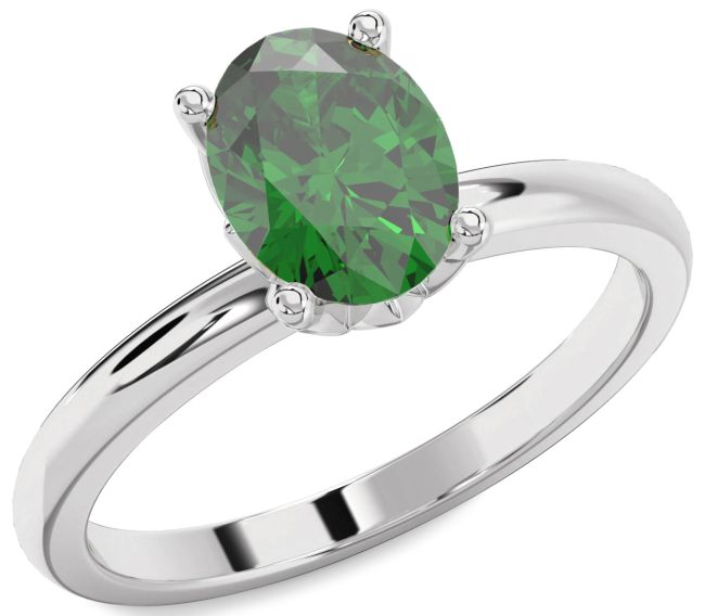 Diamond Emerald Silver Oval Solitaire Engagement Ring