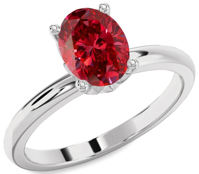 Diamond Ruby Silver Oval Solitaire Engagement Ring