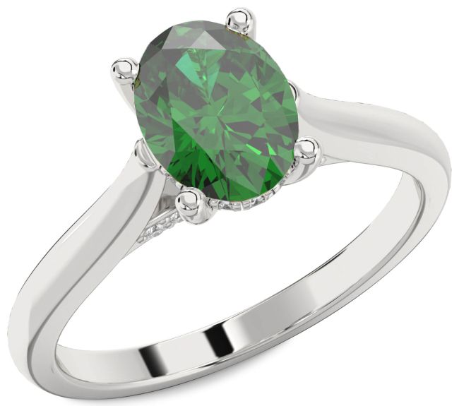 Diamond Emerald Silver Oval Solitaire Engagement Ring