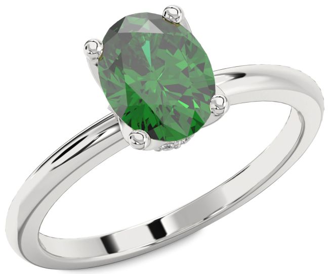 Diamond Emerald Silver Oval Solitaire Engagement Ring