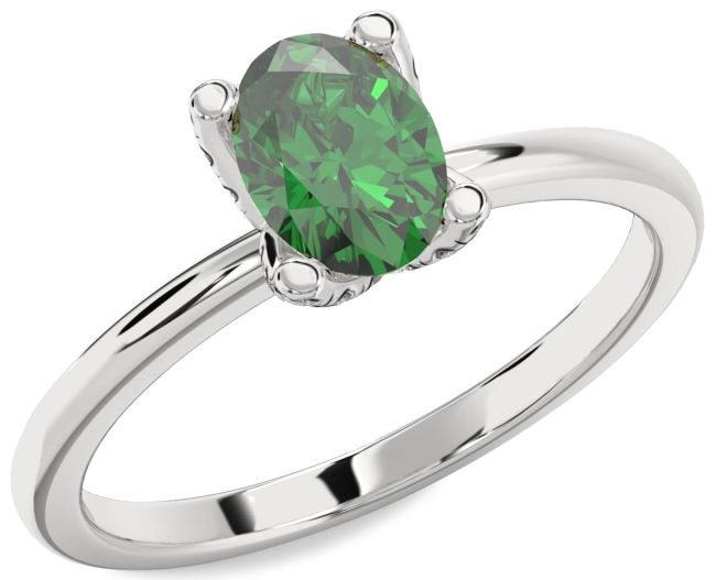 Diamond Emerald Silver Oval Solitaire Engagement Ring