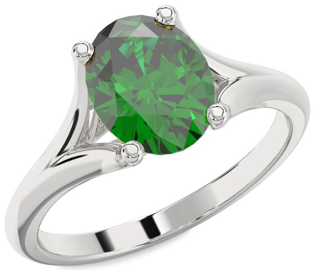 Emerald Silver Oval Solitaire Engagement Ring