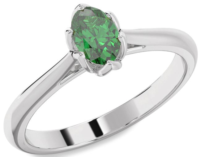 Emerald Silver Oval Solitaire Engagement Ring