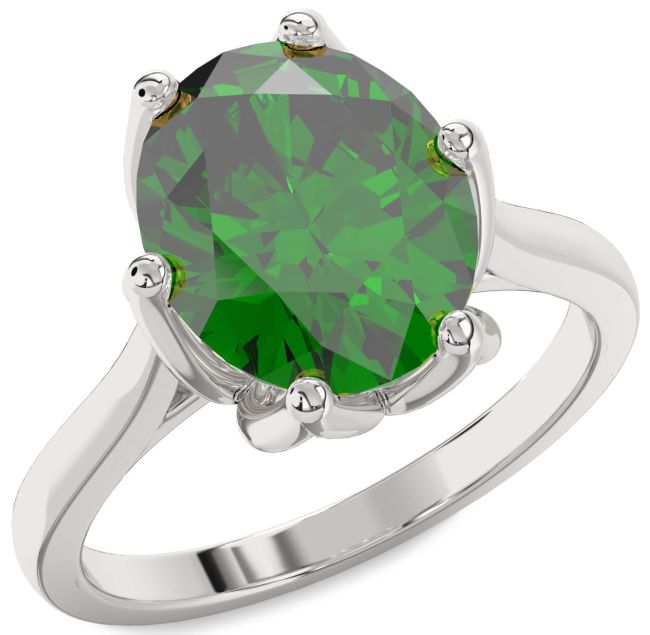Emerald Silver Flower Oval Solitaire Engagement Ring