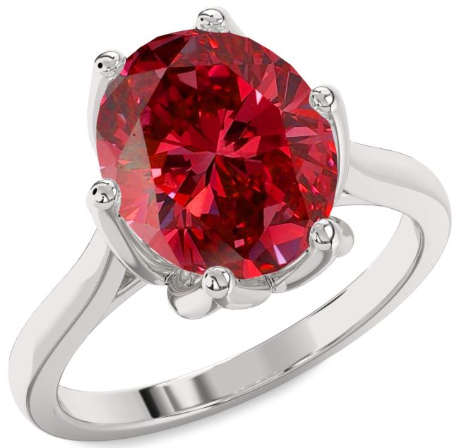 Ruby Silver Flower Oval Solitaire Engagement Ring
