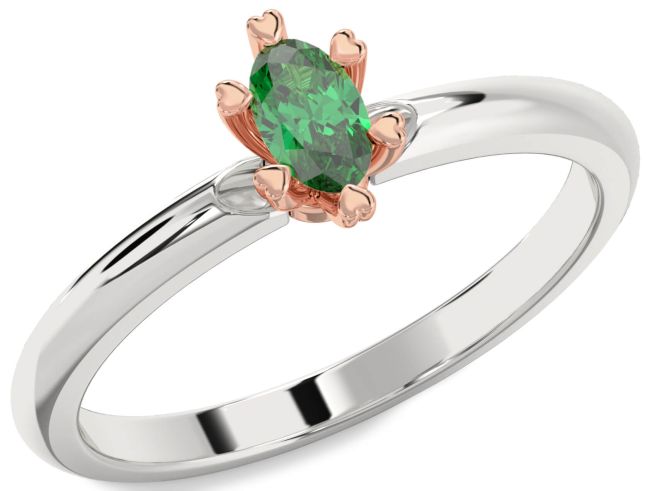 Emerald Silver & 10K Rose Gold Oval Promise Ring