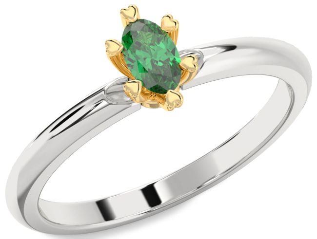 Emerald Silver & 10K gold Oval Promise Ring