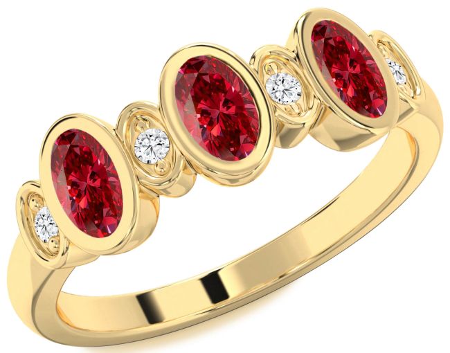 Diamond Ruby Gold Oval Three Stone Birthstone Ring