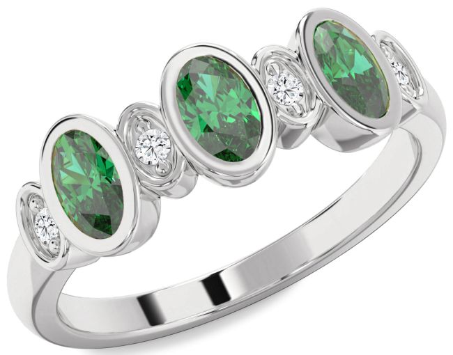 Diamond Emerald Silver Oval Three Stone Birthstone Ring