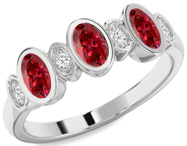 Diamond Ruby Platinum Oval Three Stone Birthstone Ring