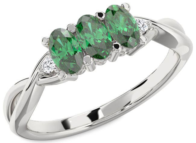 Diamond Emerald Silver Oval Three Stone Engagement Ring