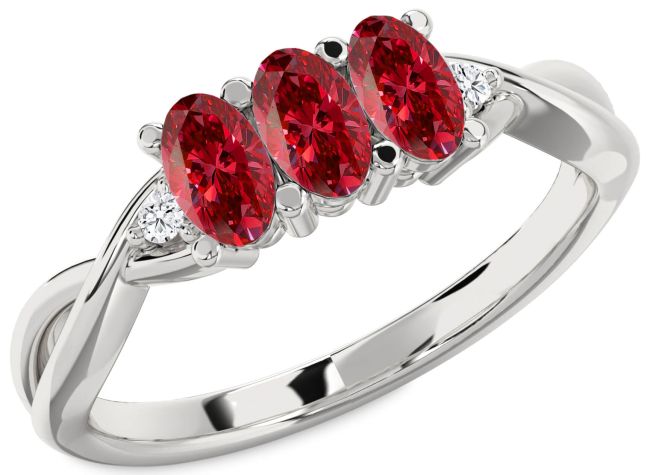 Diamond Ruby Silver Oval Three Stone Engagement Ring