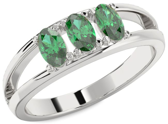 Emerald Platinum Oval Three Stone Birthstone Ring