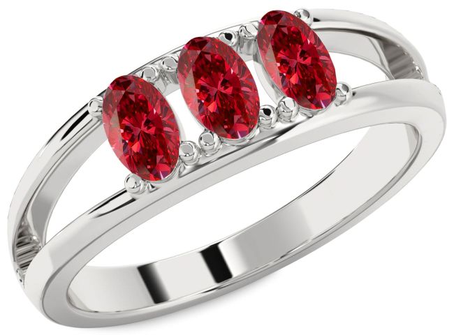 Ruby Silver Oval Three Stone Birthstone Ring