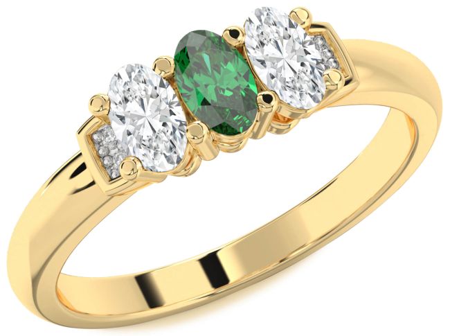 Diamond Emerald Gold Silver Oval Three Stone Engagement Ring