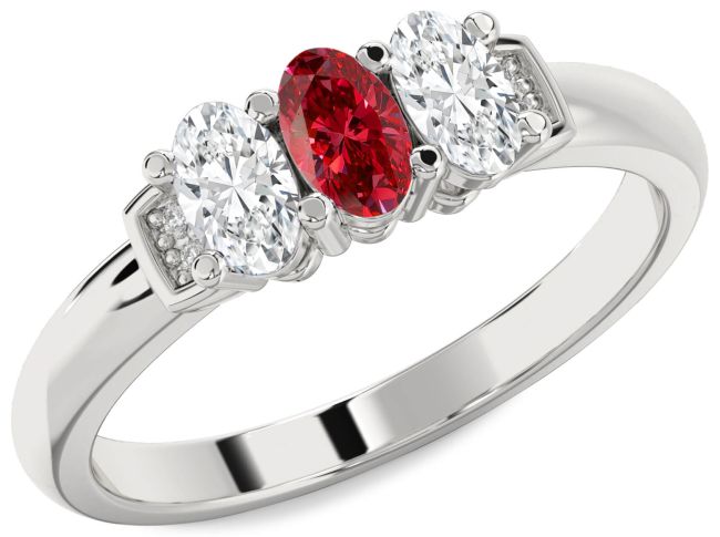 Diamond Ruby Platinum Oval Three Stone Engagement Ring