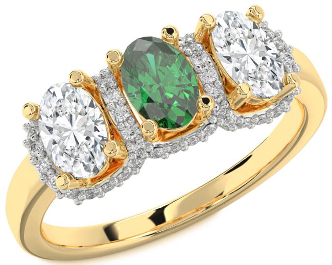 Diamond Emerald Gold Silver Oval Three Stone Engagement Ring