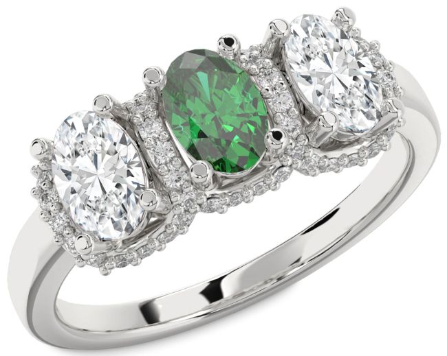 Diamond Emerald Silver Oval Three Stone Engagement Ring