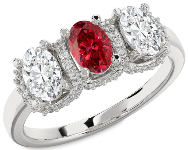 Diamond Ruby Silver Oval Three Stone Engagement Ring