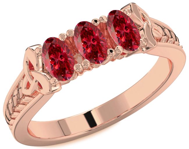 Ruby Rose Gold Celtic Trinity knot Irish Oval Three Stone Ring