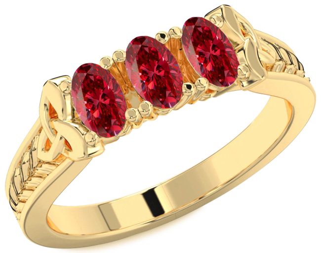 Ruby Gold Silver Celtic Trinity knot Irish Oval Three Stone Ring