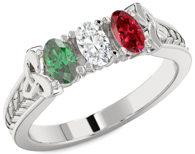 Platinum Celtic Trinity knot Irish Oval Three Stone Promise Ring