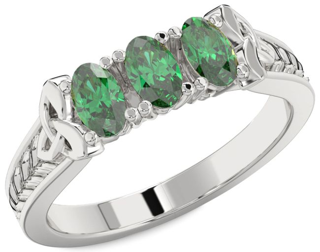 Emerald White Gold Celtic Trinity knot Irish Oval Three Stone Ring